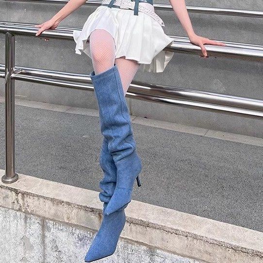 Women's American Style Boots Retro Pleated Denim Boots Pointed Toe Slouch Boots Long Boots