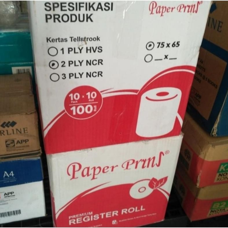 

Paperpryns Register Roll 75x65 2ply / Kertas Kasir 2ply - Dus isi 100 Roll. AST