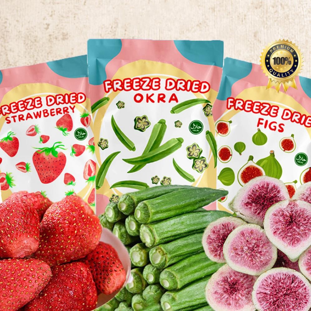 

50g Buah Kering | Freeze Dried Strawberry | Keripik Durian Kering | Snack Strawberry Kering | Okra Crispy | Kripik Buah | Snack Buah | Snack Sehat Crunchgie