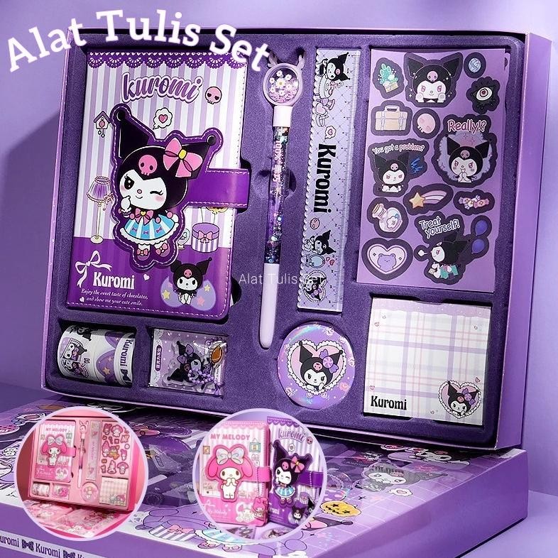 

9 IN 1 GIFT BOX ALAT TULIS SANRIO/SANRIO 9 IN 1 Gift box Alat Tulis Set / Set Alat Tulis Diary Stiker Dekorasi KUROMI Badge hadiah pelajar hadiah anak perempuan AST
