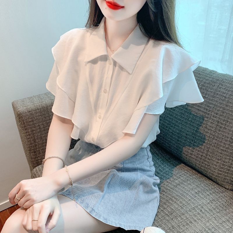 Blus Chiffon Lengan Pendek Putih Wanita Berkualitas Tinggi Blus Lengan Puff