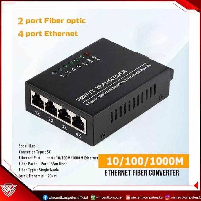 Htb Media Converter 2 Port Fiber A/B 4 Rj45 Fiber Optic 100/1000 Mbps New Stok