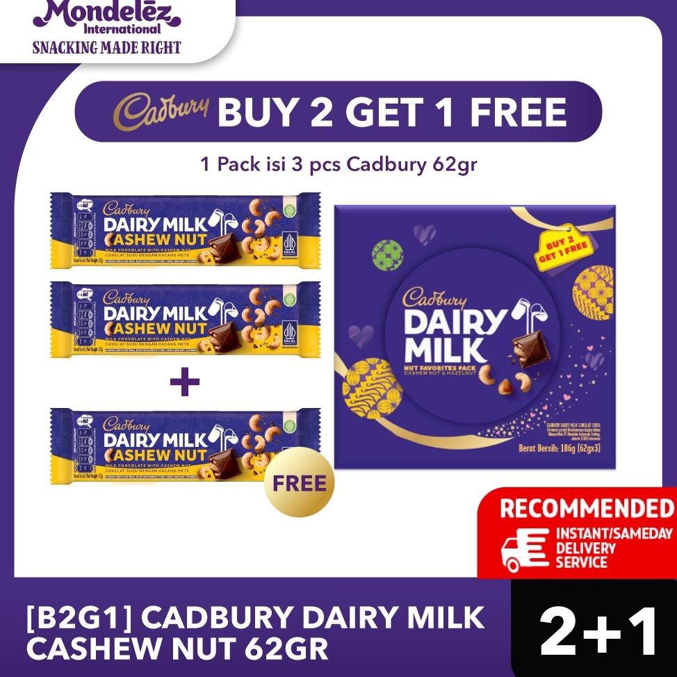 

[Buy 2 Get 1] Cadbury Dairy Milk Cashew Nut 62gr - Cokelat Susu Dengan Kacang Mede Renyah Coklat Camilan Creamy, Lezat, Dan Berkualitas