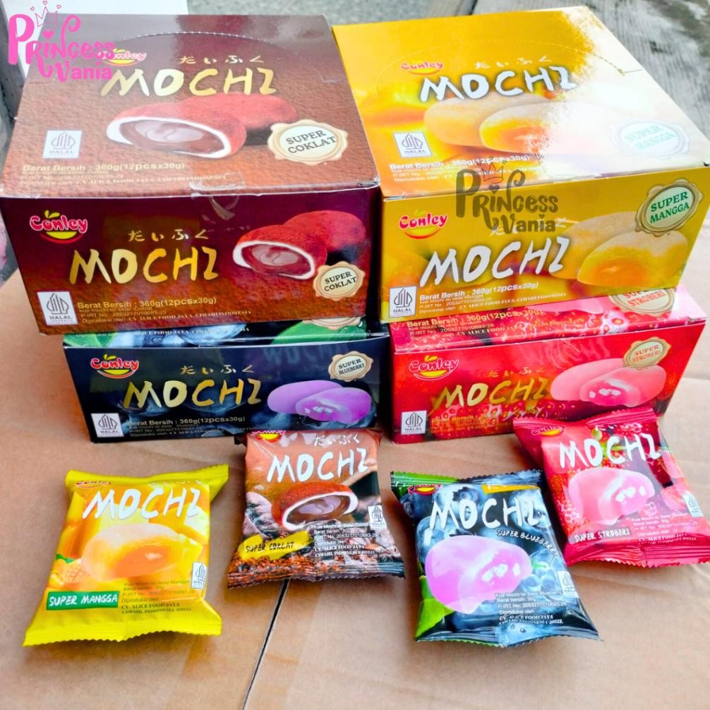 

1 PACK ISI 12PCS CONLEY MOCHI SUPER COKLAT STROBERI BLU PREMIUM 30GR KEMASAN MINI KUE VIRAL