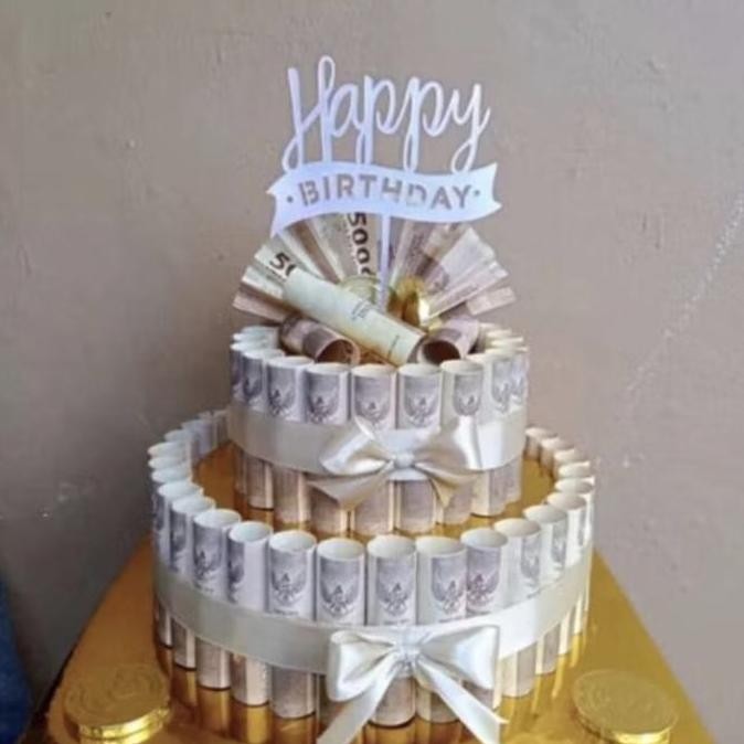 TERBARU - Bucket Money Cake Uang Ulang Tahun Bertingkat Senilai 300 Rb untuk Ultah 5 Rb 60 Lembar Ha