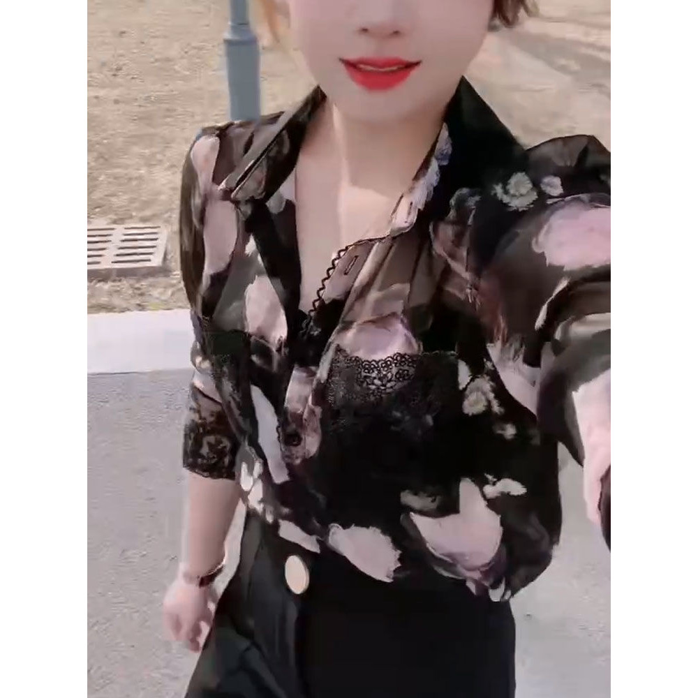 Blus Wanita Musim Panas Baru Vintage Renda Patchwork Cetak