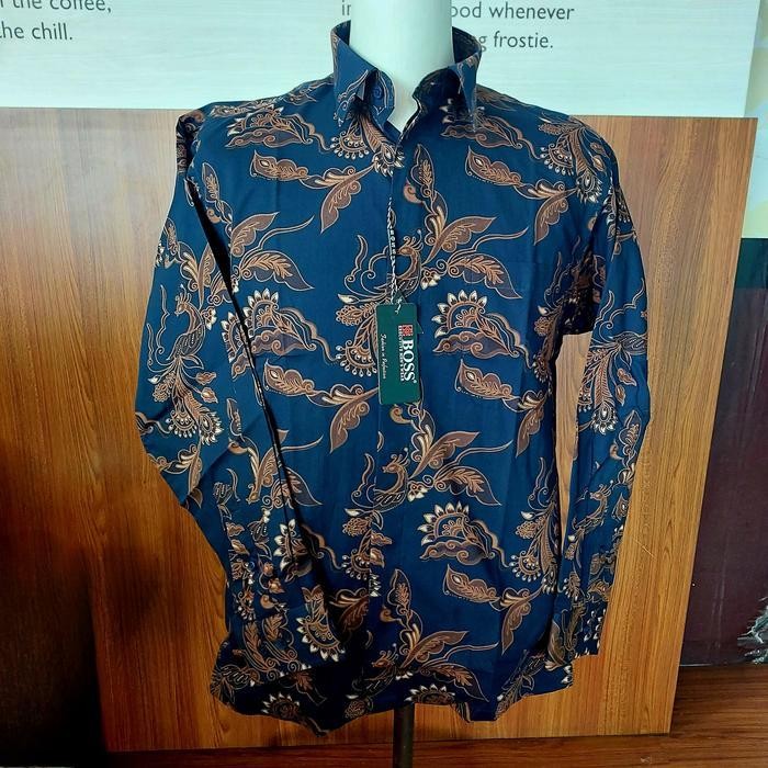 Kemeja Batik Boss Lengan Panjang Corak Terbaru Navy Coklat Putih Pria Motif - Nyaman Dan Elegan - Sa