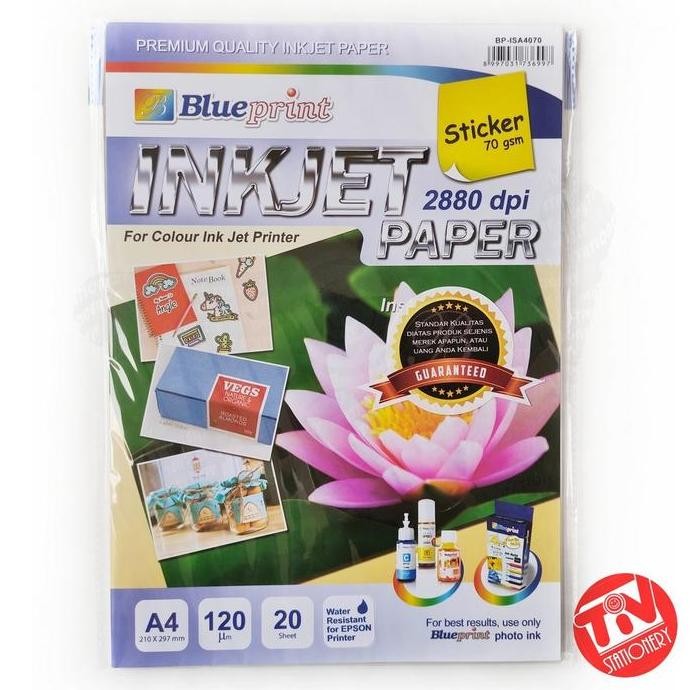 

baru Sticker Inkjet Blueprint Doff A4 120 micron (1 pack = 20 lembar)
