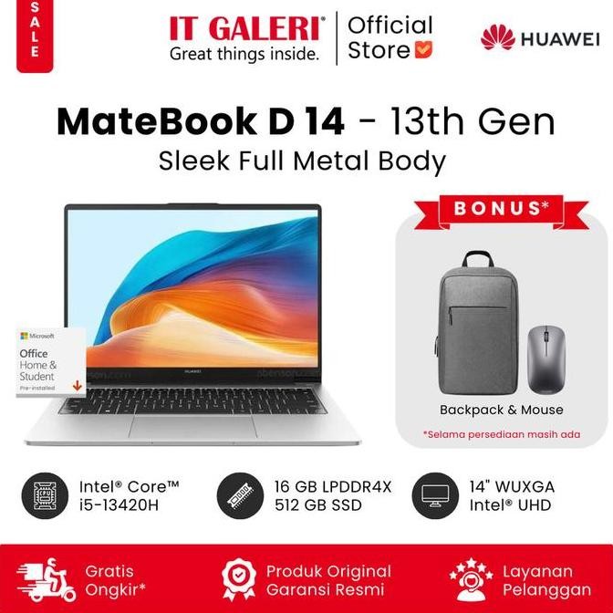 Huawei MateBook D14 - Intel core i5-13420H/16GB/512GB/14.0 FHD+ IPS/WIN11/SILVER Laptop