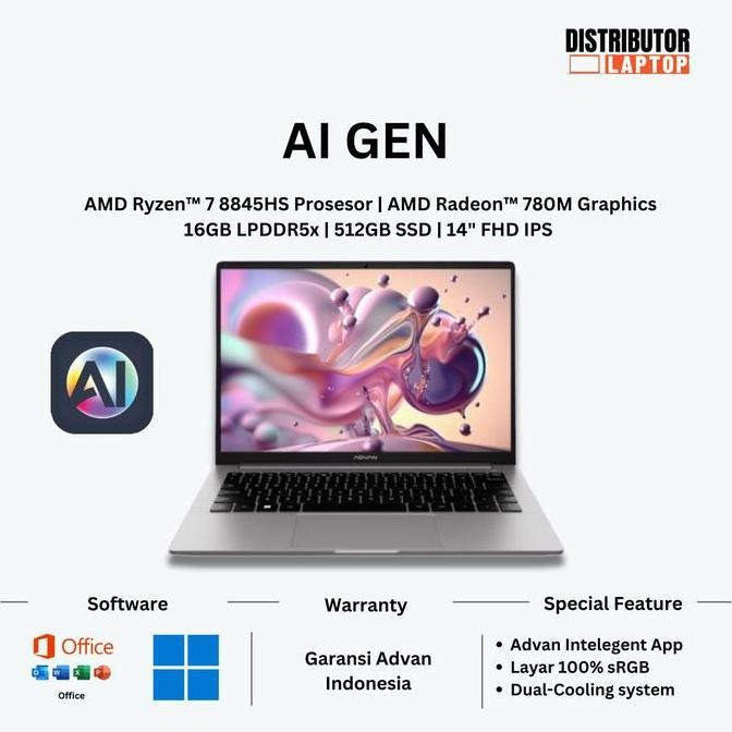 Advan Laptop AI Gen AMD Ryzen 7 8845HS 16GB 512GB Windows 11