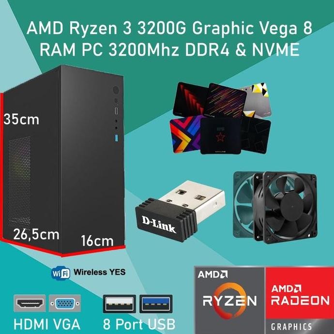 PC Komputer AMD Ryzen 3 3200G RAM 16GB SSD 512GB For Office / Home