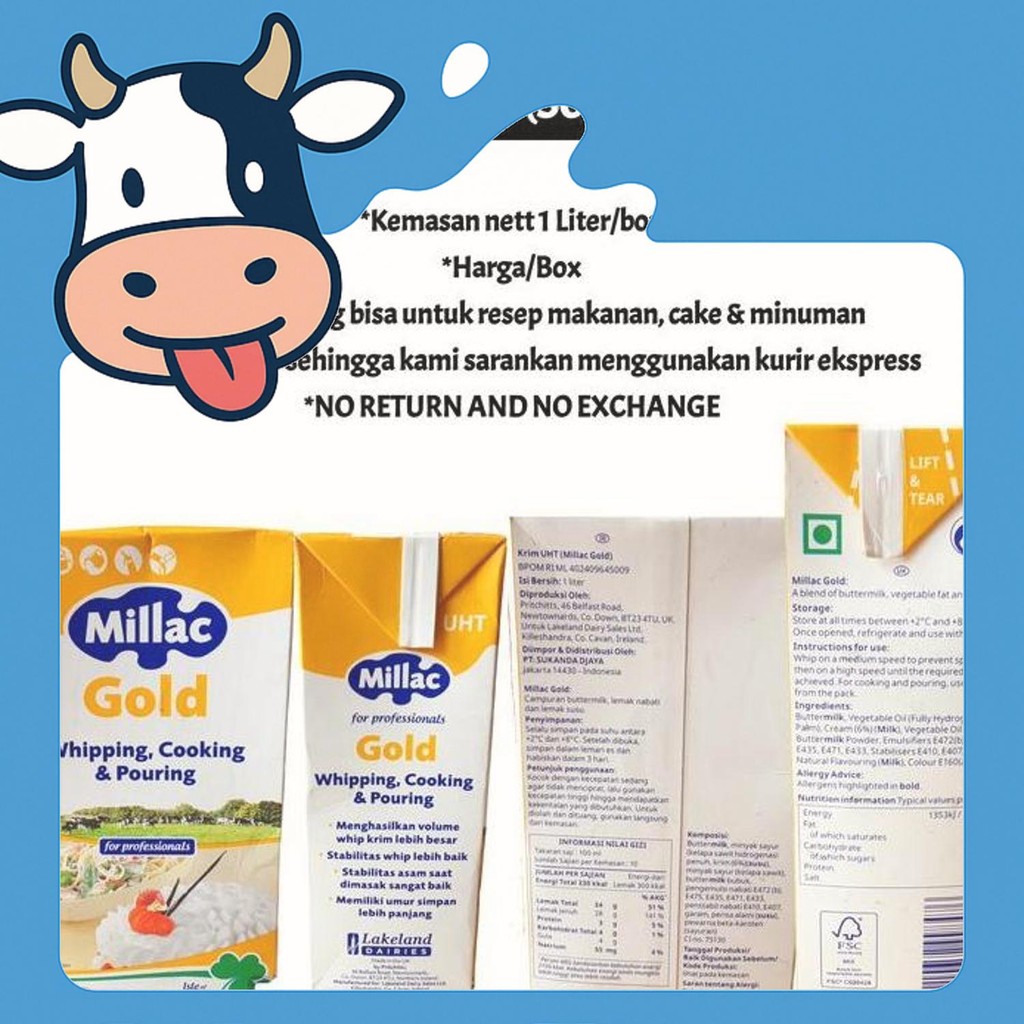 

Diskon Millac+Gold+1 Liter+Whipcream+Cair+Liquid+Double+Cream+Decorating+Cooking+Bahan+Masak+Pasta+Soto+Macaroni+Kue+Cupcake+Dessert+Ganache