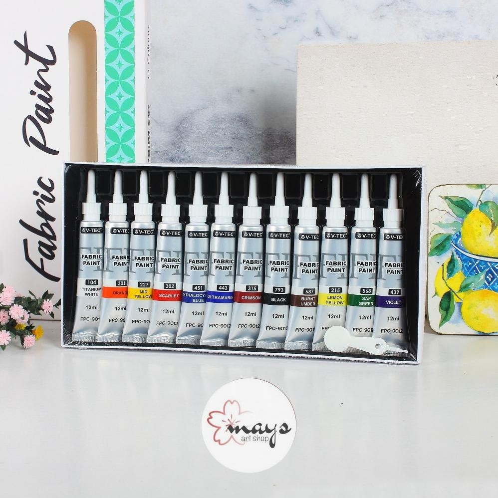 

V-TEC Fabric Paint Set 12 Colors - Cat Kain Set 12 ml x 12 Warna - Cat Custom Lukis Baju Denim Leather Hoodie Jaket Terlaris