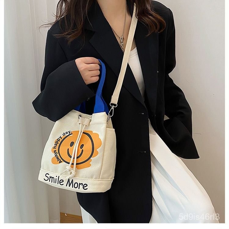 Tas Kanvas untuk Wanita, Tas Selempang Kecil, Tas Ember Tangan