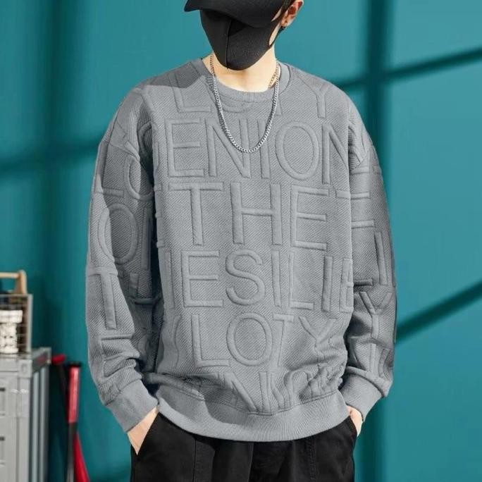 Sale T-Shirt Sweater Pria Korean Style | Kaos Lengan Panjang Pria Motif Timbul Oversize Korean Style