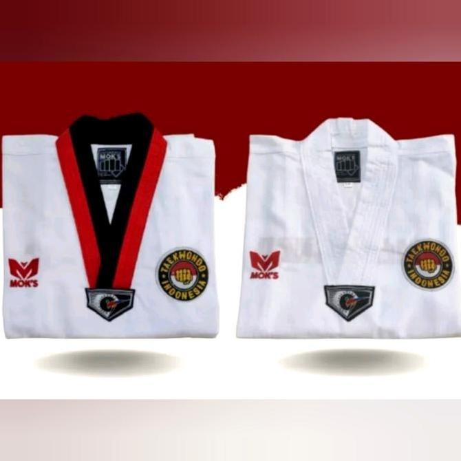 BAJU SERAGAM TAEKWONDO/DOBOK MOKS PEMULA MOK'S KERAH PUTIH/MERAH HITAM