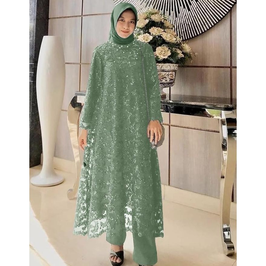 SETELAN ASTERIA Tunik brukat dan Celana L-XXXL 12w cantik mewah wanita Muslim Atasan Mutiara Maxi Ba