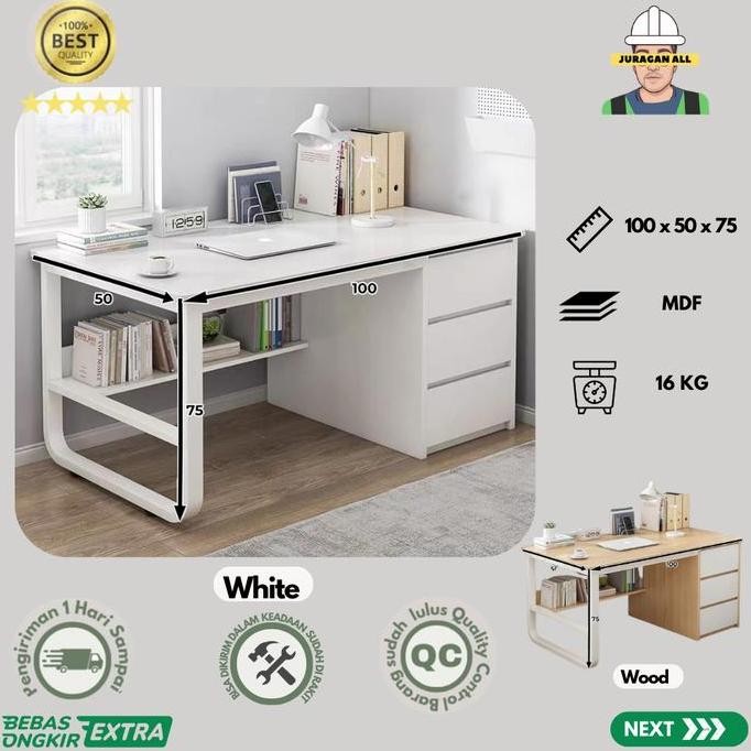 Terlaris Meja Kerja Minimalis/Meja Kantor Laci/Meja Belajar/Meja Komputer 100Cm Standart - Putih