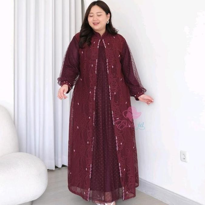 Jumbo gamis pesta violeta brukat mutiara ld 120 130 140 150 cm