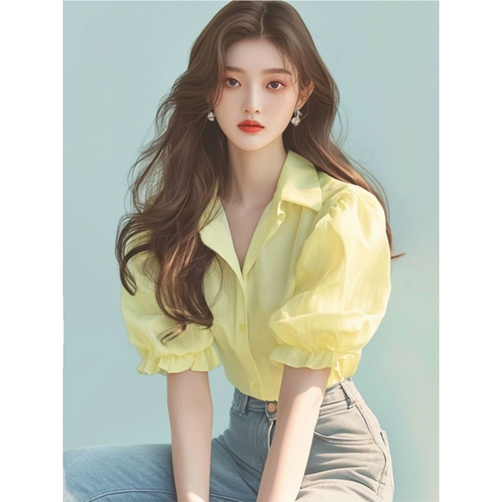 Kemeja Pendek Lengan Puff Kuning Gaya Prancis Wanita Berkualitas Tinggi Blus Unik dan Indah