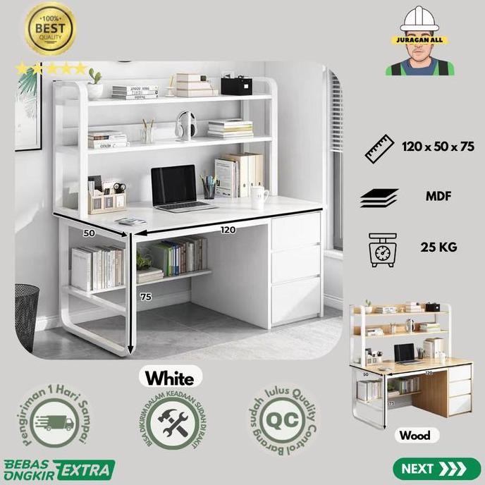 Terlaris Meja Kerja Minimalis/Meja Kantor Laci/Meja Belajar/Meja Komputer 120Cm + Rak Atas - Putih
