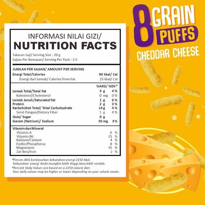 

Promo Bundle 20 Pcs Nola 8 Grain Puffs Cheddar Cheese (Rasa Keju Cheddar)
