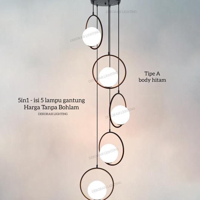 Lampu gantung void tangga 5in1 hitam gold kaca susu minimalis dekor