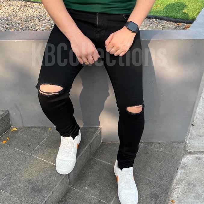 Celana Jeans Hitam Pria Sobek dan Polos daps