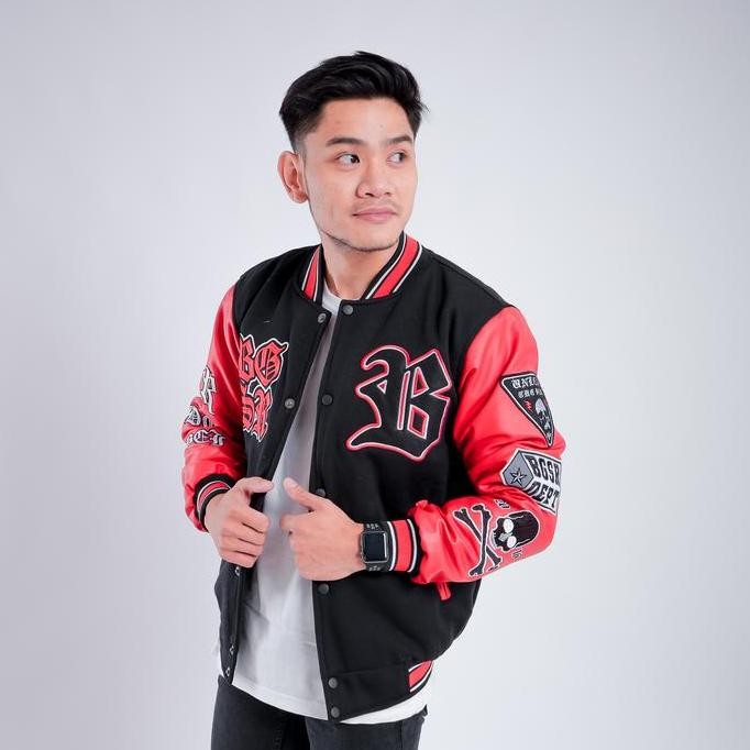 Jaket Varsity Baseball Jacket Vintage Red Devilt Windbreaker Bordir Tebal Lengan Kulit Pria Wanita (
