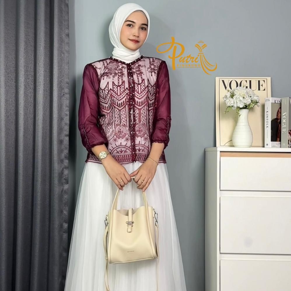 Outer Crop Top Cardigan Brokat Atasan Wanita Lengan Panjang Korean Style Transparan Outher Brukat AS