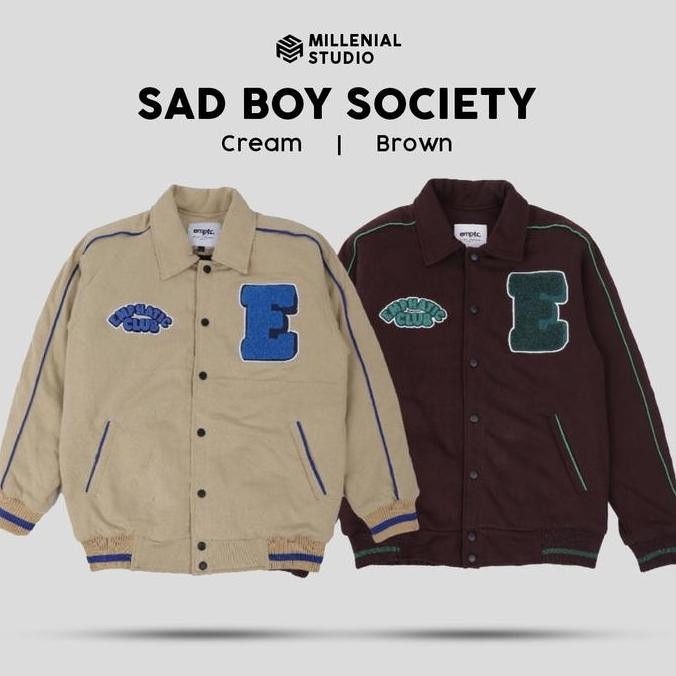 Varsity Jacket Sad Boy Society Brown Cream | Jaket Varsity Fleece Bordir Handuk Original / Jaket Bas