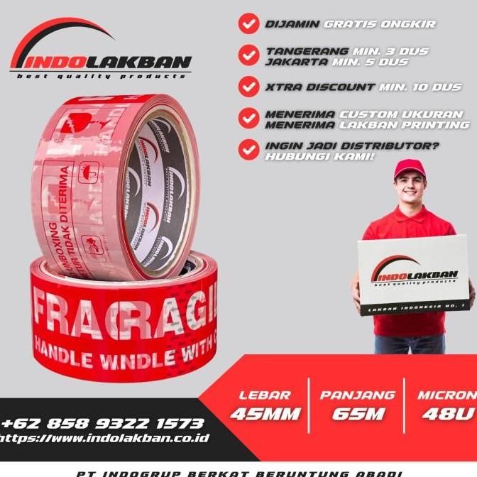 

( Per Dus ) Indolakban Lakban Fragile Merah Putih Mix 2 Inch 72 Yard - 65 M Co