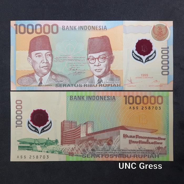 Uang Kuno - 100.000 Sukarno Polymer/Plastik Th 1999 - Grade Unc Original Dan Terpercaya