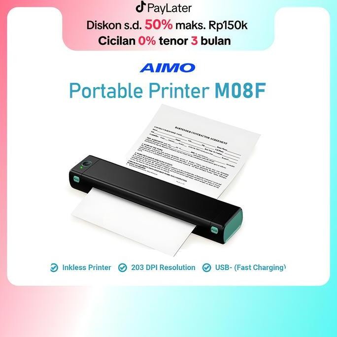 Aimo M08F Portable Thermal Printer A4 Hvs Wireless Bluetooth Inkless Printer Tanpa Tinta