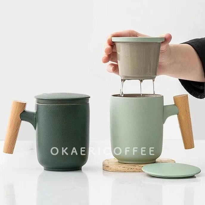 Ceramic Tea Infuser Cup + Lid / Gelas Mug Keramik + Saringan + Tutup