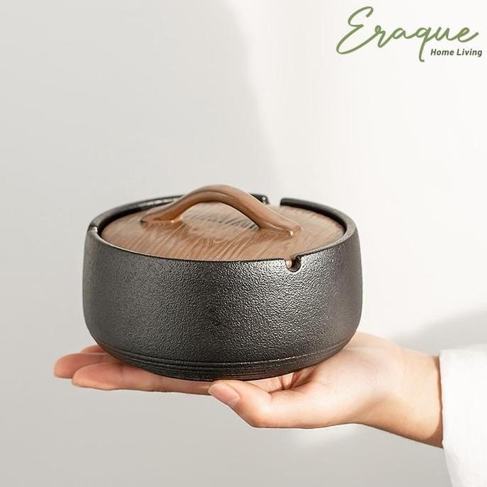 BEBAS ONGKIR - Dobu Ashtray / Asbak Tempat Abu Rokok Keramik Jepang Dengan Tutup Kayu