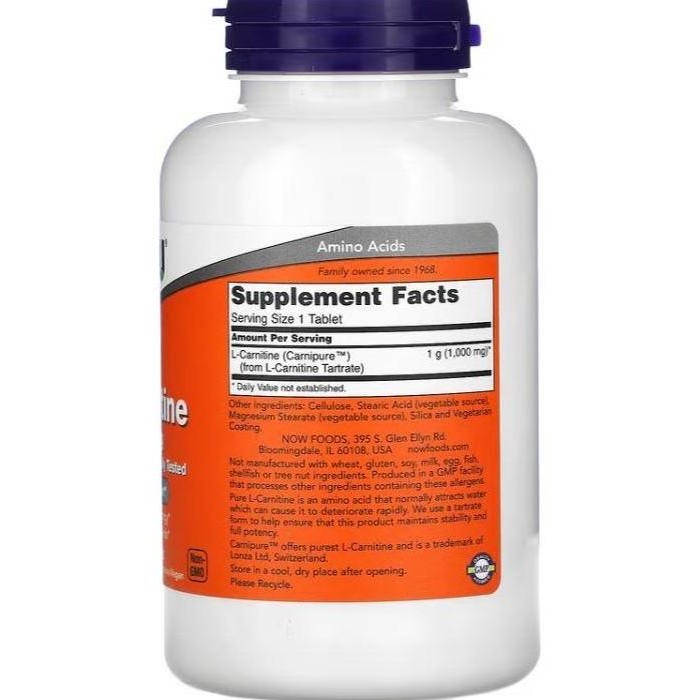 TERMURAH - Now Foods L Carnitine 1000 mg 100 Tablets Boosts Cellular Energy Vegan USA