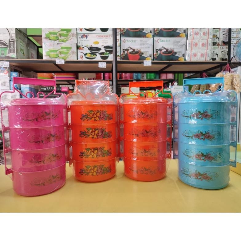 Rantang 4 / 3 Susun Plastik Gambar Bunga Tenteng Tingkat Gagang Viral