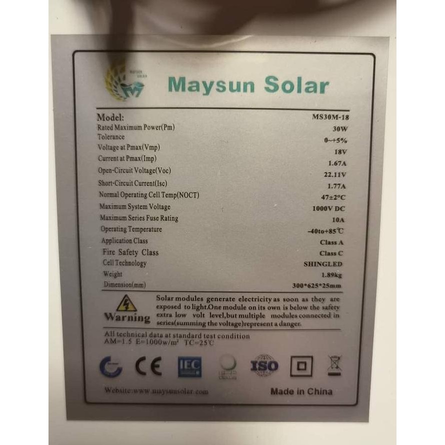 Solar Panel 30Wp Mono Crystalline Shingled Hd Maysun