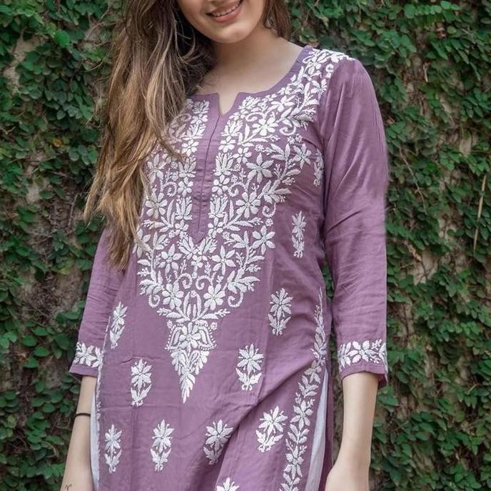LAQUEENS GOSRIKI LAVENDER LONG KURTA CHIKANKARI BAJU INDIA WANITA DEWASA MOTIF BORDIR CHIKANKARI LAV