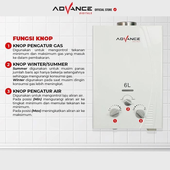 Advance Gwh50 Water Heater Gas / Pemanas Air Panas Kamar Mandi - Bonus Kepala Shower & Selang Shower
