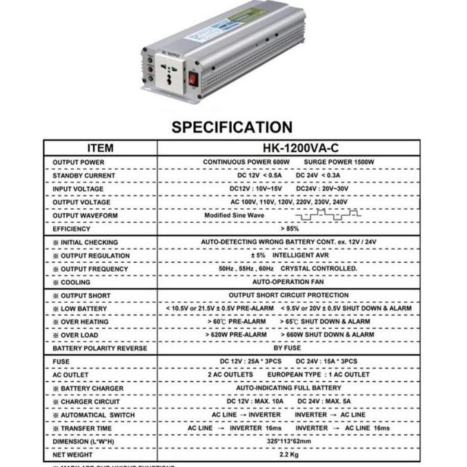 ready Power Inverter UPS DC AC Plus Charger Accu HK1200VA 12V Hachiko Taiwan