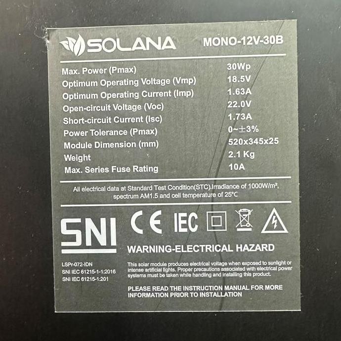 SOLANA SOLAR CELL/PANEL SURYA/SOLAR PANEL MONOCRYSTALLINE 12V 30WP