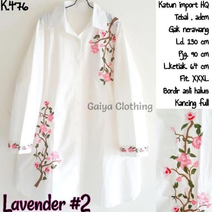 KEMEJA TUNIK JUMBO KATUN BORDIR BUNGA WANITA WHITE SERIES LD. 130 LAVENDER JUMBO Putih Baju Atasan M