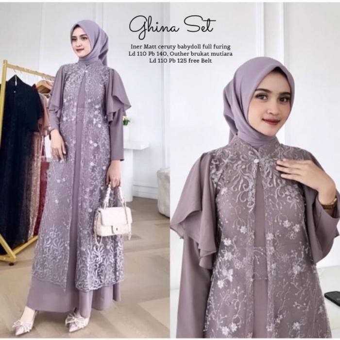 Efs Gina Set Gamis Outher Brokat 2 In 1 /Gamis Rompi Terpisah/Gamis Kondangan  Wanita Terbaru 2023 K