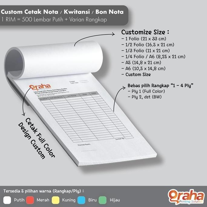 

Custom Cetak Nota / Kwitansi / Bon Nota 1 Rim Kertas Putih, Merah, Kuning, Biru, Hijau Untuk Hasil Cetak Yang Jelas Dan Menarik, Cocok Untuk Bisnis Kamu