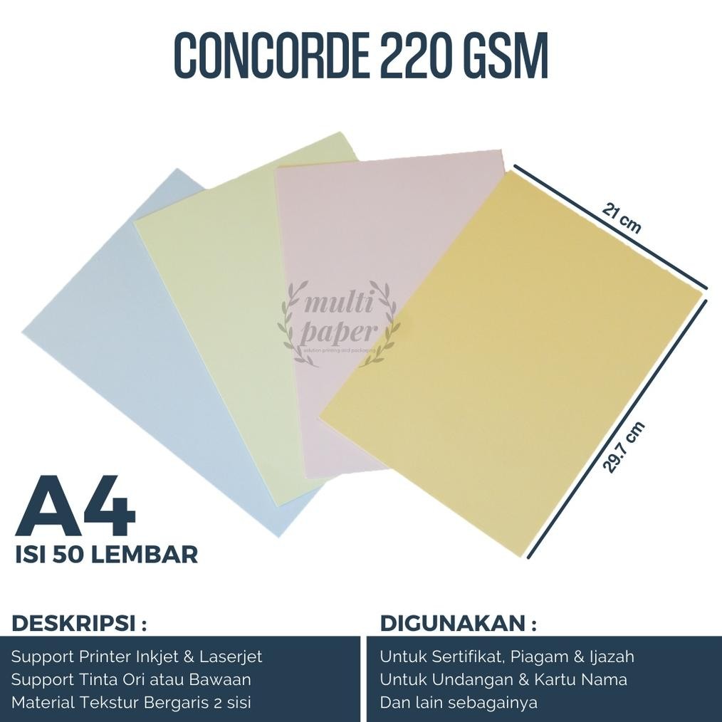 

JH8 Kertas Concorde A4 220 gr isi 50 lembar / Concorde A4 220 gram / Kertas Sertifikat Piagam