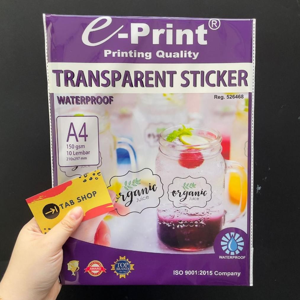 

JH8 TAB SHOP - EPRINT KERTAS STIKER TRANSPARAN A4 150 GSM - E-PRINT TRANSPARENT STICKER A4 150 GSM 10 LEMBAR