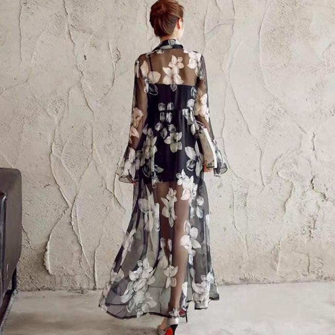 Long Outer Pantai Trasnparan Baju Luaran Wanita Lengan Panjang Bunga Co