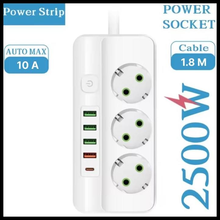 Ready Colokan Listrik Usb 3 Lubang Stop Kontak Type C Port Soket Eu Plug 10A 110 - 250 Volt 2500 Wat
